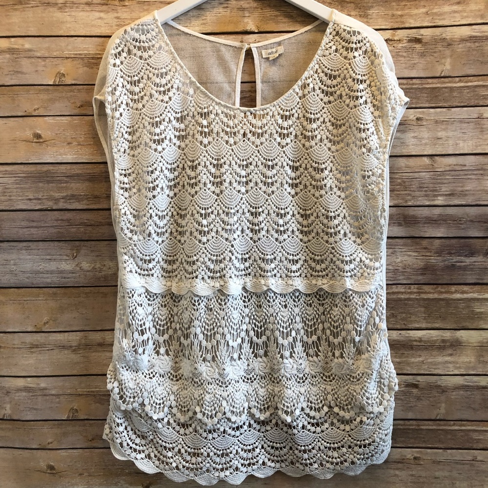 Aerie Ivory Crochet Lace Sheer Mesh Top Size Large